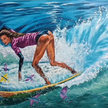 Painting titled "Surfer-Woman and Se…" by Zinaida Vysota, Original Artwork, Oil Mounted on Wood Stretcher frame