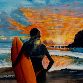 Painting titled "Surfer girl at suns…" by Ron Zeman, Original Artwork, Acrylic