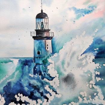 Painting titled "Lighthouse" by Maria Yılmaz, Original Artwork, Watercolor