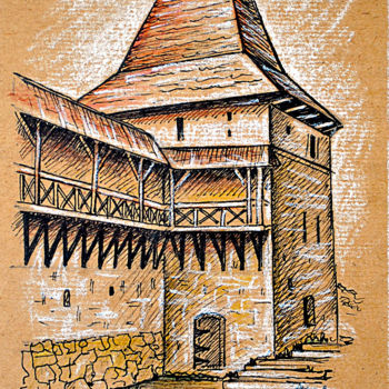Drawing titled "Halych castle" by Zenovii Mirchuk, Original Artwork, Ink