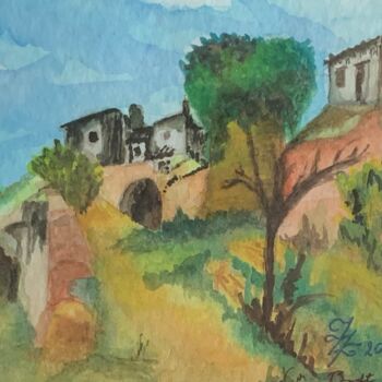 Painting titled "Paysage Provençal" by Zoé Valy, Original Artwork, Watercolor Mounted on Cardboard