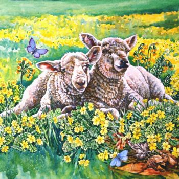 Ζωγραφική με τίτλο "Spring Lambs" από Zoe Norman, Αυθεντικά έργα τέχνης, Ακουαρέλα