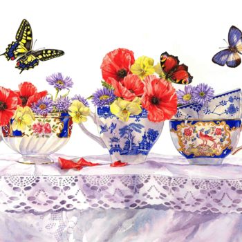 Ζωγραφική με τίτλο "Poppies and Tea Cup…" από Zoe Norman, Αυθεντικά έργα τέχνης, Ακουαρέλα Τοποθετήθηκε στο Χαρτόνι