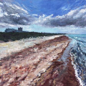 Painting titled "Banburgh Beach" by Zoe Norman, Original Artwork, Oil Mounted on Wood Stretcher frame