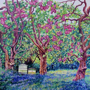 Pintura titulada "Lilac and Bee Hives" por Zoe Norman, Obra de arte original, Oleo Montado en Bastidor de camilla de madera