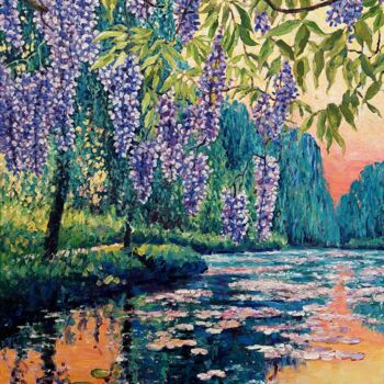 Painting titled "Wisteria at Givernia" by Zoe Norman, Original Artwork, Oil Mounted on Wood Stretcher frame