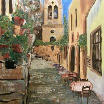 Painting titled "Greece: Cafe Shade" by Zo, Original Artwork, Oil