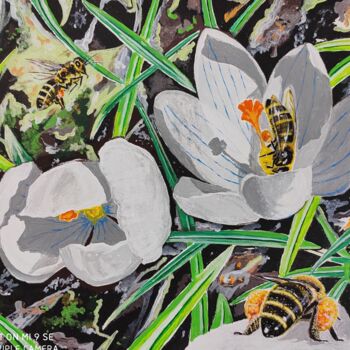 Painting titled "Bees Harvest" by Zoia Vla, Original Artwork, Acrylic Mounted on Wood Panel