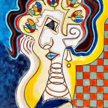 Painting titled "FEMME A LA COIFFURE" by Zol Artistic, Original Artwork, Acrylic Mounted on Wood Stretcher frame