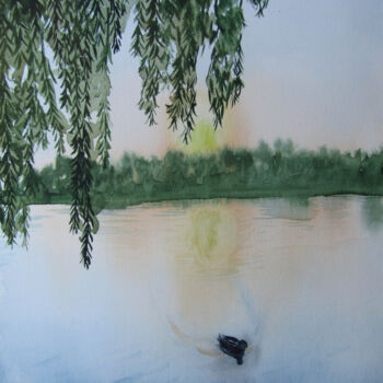 Pintura intitulada "Sunset on the lake" por Zolochevska Olena, Obras de arte originais, Aquarela