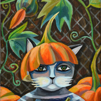Painting titled "Pumpkin Cat" by Zora, Original Artwork, Oil Mounted on Wood Stretcher frame