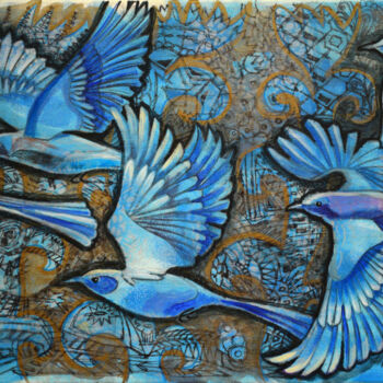 Painting titled "Night. Blue birds" by Zora, Original Artwork, Acrylic Mounted on Wood Stretcher frame