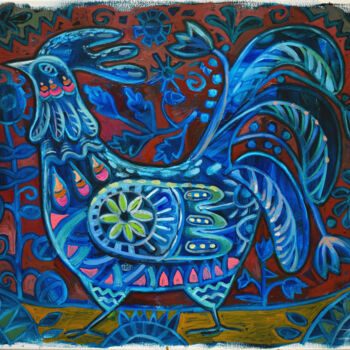 Painting titled "Blue rooster" by Zora, Original Artwork, Oil Mounted on Wood Stretcher frame