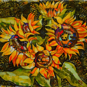 Painting titled "Sunflowers3" by Zora, Original Artwork, Acrylic Mounted on Wood Stretcher frame
