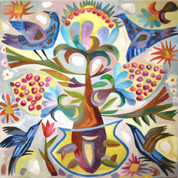 Картина под названием "Tree of Life 6" - Zora, Подлинное произведение искусства, Масло Установлен на Деревянная рама для нос…