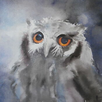Painting titled "owl-2-akvarel-27x38…" by Zoran Mihajlovic (Muza), Original Artwork, Watercolor