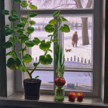 Pintura intitulada "Герань на моем окне" por Aleksandr Zoriukov, Obras de arte originais, Óleo
