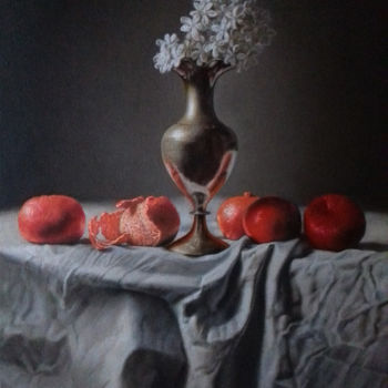 Malerei mit dem Titel "flores y mandarinas" von Sergio Zoso, Original-Kunstwerk, Öl Auf Holzplatte montiert
