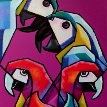 Malarstwo zatytułowany „Parrots” autorstwa Zsolt Hanyu, Oryginalna praca, Olej Zamontowany na Drewniana rama noszy