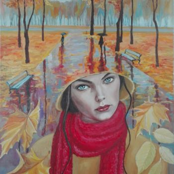 Painting titled "Fall. Red scarf" by Helena Zyryanova, Original Artwork, Oil