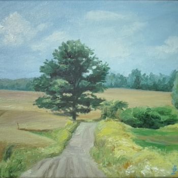 Painting titled "Landscape with a tr…" by Helena Zyryanova, Original Artwork, Oil