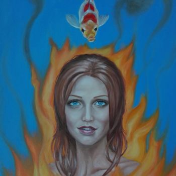 Painting titled "Flaming with a fish" by Helena Zyryanova, Original Artwork, Oil