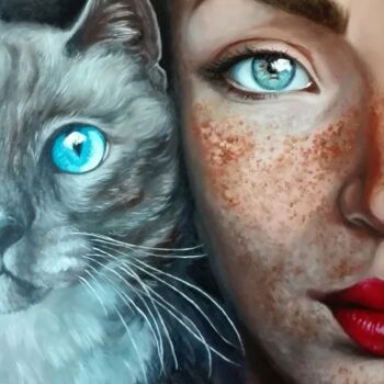 Painting titled "Woman & cat" by Helena Zyryanova, Original Artwork, Oil
