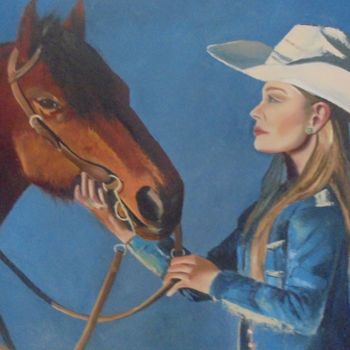 Schilderij getiteld "Cowgirl and her hor…" door Liubov Aristova, Origineel Kunstwerk, Olie