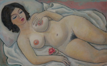 Painting titled "a-woman-with-a-rose." by Valerii Klenov, Original Artwork, Oil