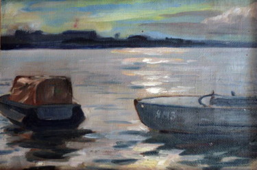 Painting titled "Evening-on-river-Vo…" by Valerii Klenov, Original Artwork, Oil