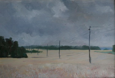 Painting titled "telegraph-poles-in-…" by Valerii Klenov, Original Artwork, Oil