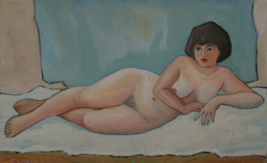 Painting titled "Lying on blue backg…" by Valerii Klenov, Original Artwork, Oil
