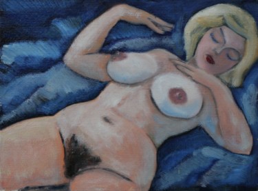 Painting titled "woman on blue backg…" by Valerii Klenov, Original Artwork, Oil