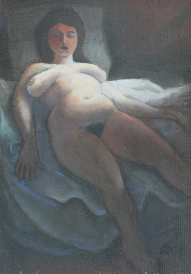 Painting titled "La fille avec les y…" by Valerii Klenov, Original Artwork, Oil