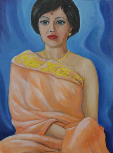 Painting titled "A girl in Indian at…" by Valerii Klenov, Original Artwork, Oil