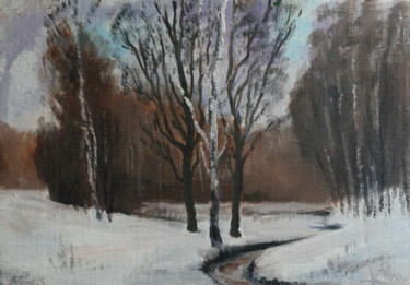 Painting titled "Winter stream" by Valerii Klenov, Original Artwork, Oil