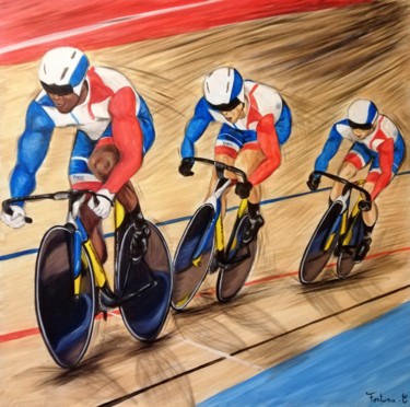 Painting titled "Cycliste sur piste" by Cindy Fontana, Original Artwork, Acrylic