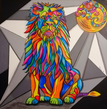 Painting titled "The king Lion" by Cindy Fontana, Original Artwork, Acrylic Mounted on Wood Stretcher frame