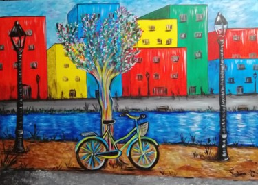 Painting titled "La ville à la campa…" by Cindy Fontana, Original Artwork, Acrylic