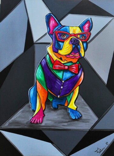 Painting titled "Mister Bouldogue" by Cindy Fontana, Original Artwork, Acrylic Mounted on Wood Stretcher frame