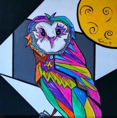 Painting titled "Maître Hibou" by Cindy Fontana, Original Artwork, Acrylic Mounted on Wood Stretcher frame