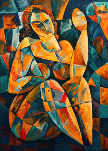 Painting titled "woman with a mirror…" by Artyom Ghazaryan, Original Artwork, Oil