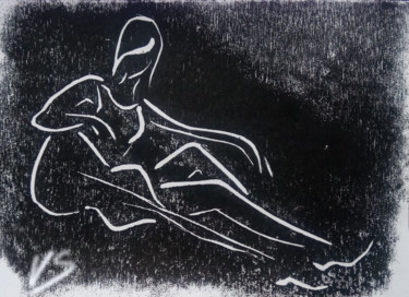Druckgrafik mit dem Titel "Girl and guitar" von Victor Shefer, Original-Kunstwerk, Linoldrucke