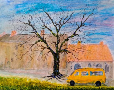 Painting titled "Yellow bus and tree" by Victor Shefer, Original Artwork, Acrylic