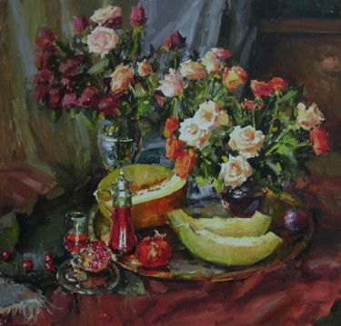 Painting titled "Натюрморт с розами" by Natalia Ziuzkova, Original Artwork, Oil