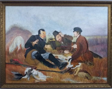 Painting titled "Охотники на привале…" by Irina Dontsova, Original Artwork, Oil