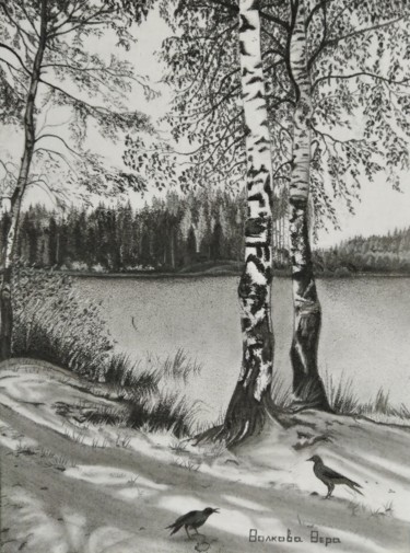 Pintura intitulada "Юкки с птичками." por Vera Volkova, Obras de arte originais, Carvão