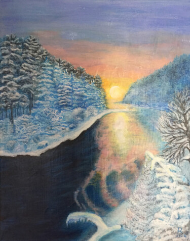 Malerei mit dem Titel "Зимний пейзаж на за…" von Liudmila Rybakova, Original-Kunstwerk, Acryl