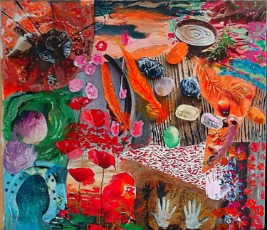 Collages intitulée "Printemps orange" par Françoise Gil, Œuvre d'art originale, Collages