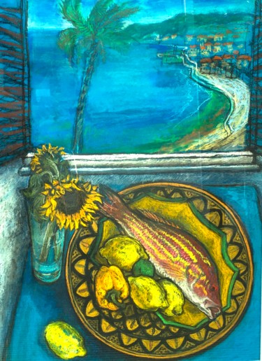 Snapper Fish with a window view of Nice still life Drawing titled "Snapper Fish with a…" by Patricia Clements Art, Original Art, Pastel Mounted on Cardboard